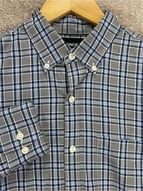 Bonobos Button Down Shirt Men’s Small Gray Blue Plaid Standard Fit Long Sleeve
